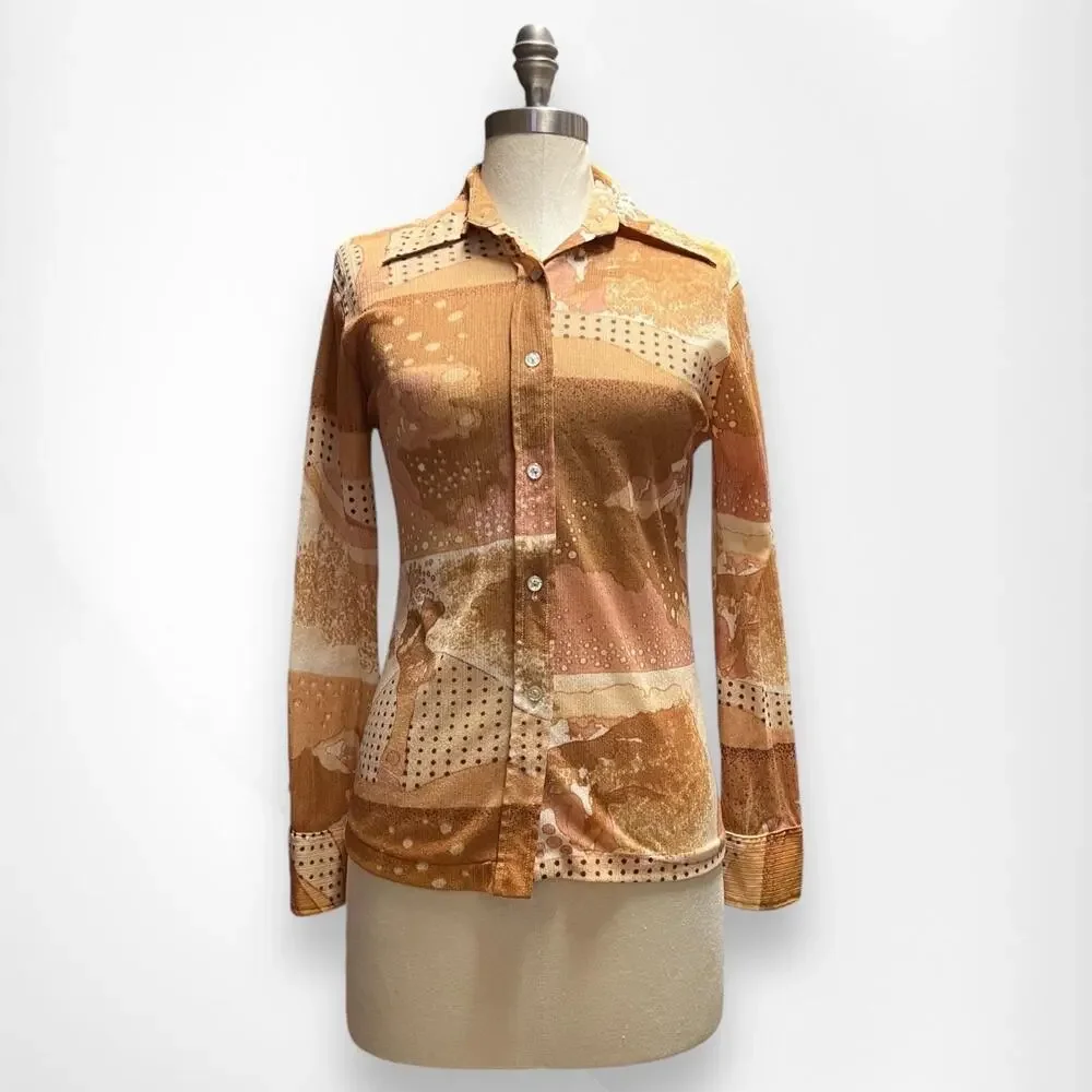 Vintage Disco Shirt 60s 70s Carnival Print Earth Tone Color Size Small